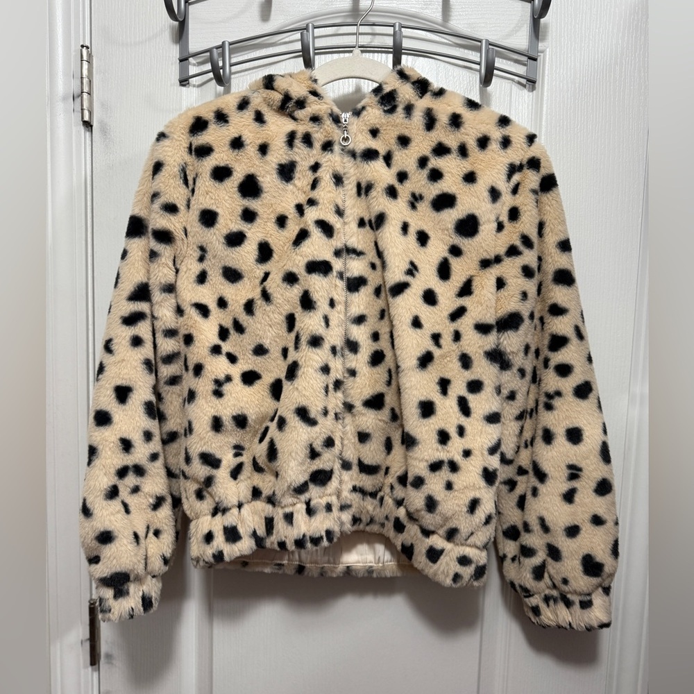 Hannah Banana Leopard Bomber Jacket 16 Faux Fur Hoodie Lined Pocket Animal Print